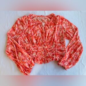 Anthropologie Long Sleeve Femme Ruched Crop Floral Orange Blouse